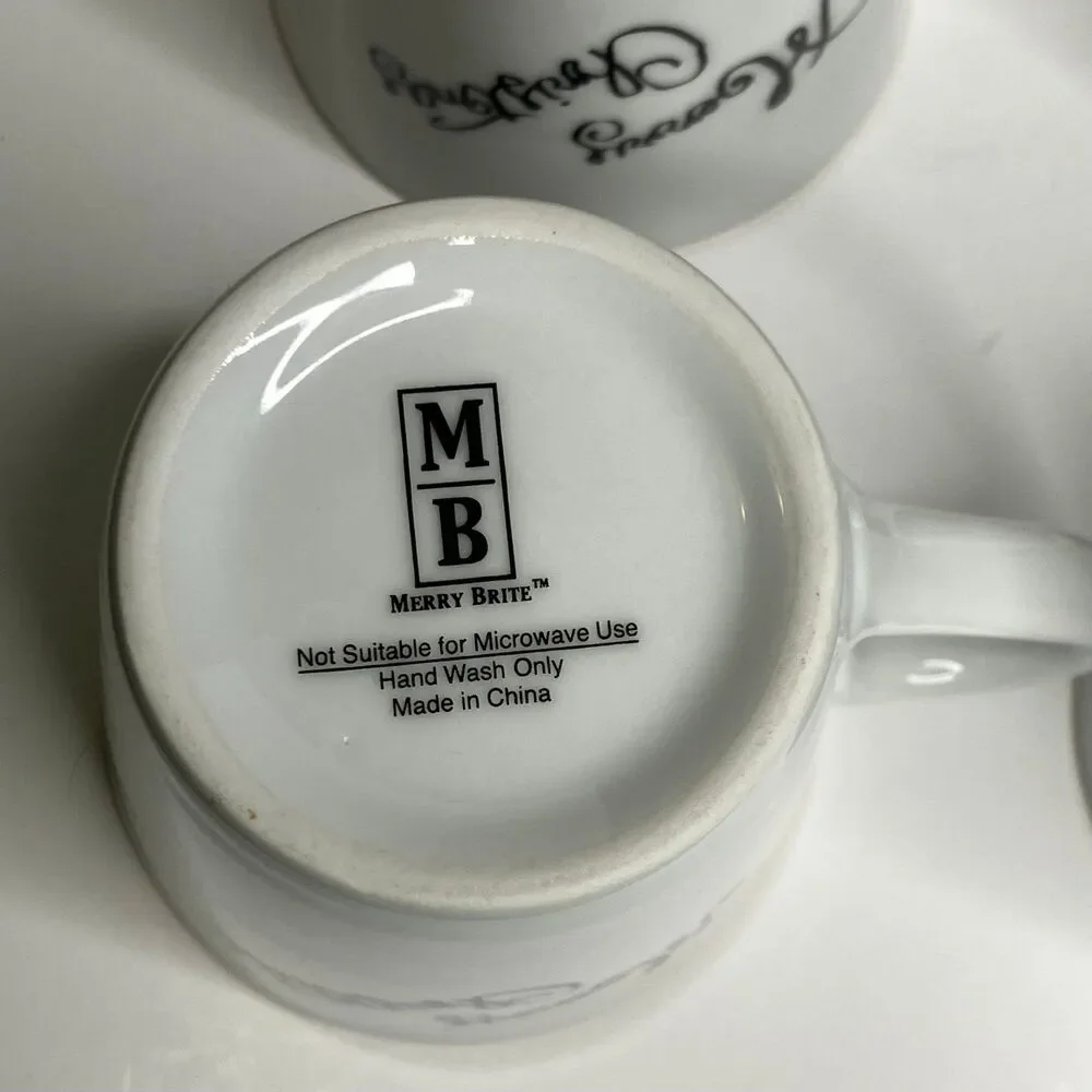 Merry Brite Merry Christmas Coffee Mugs Cups Set Of 4 Gold Rim Holiday Santa 8oz
